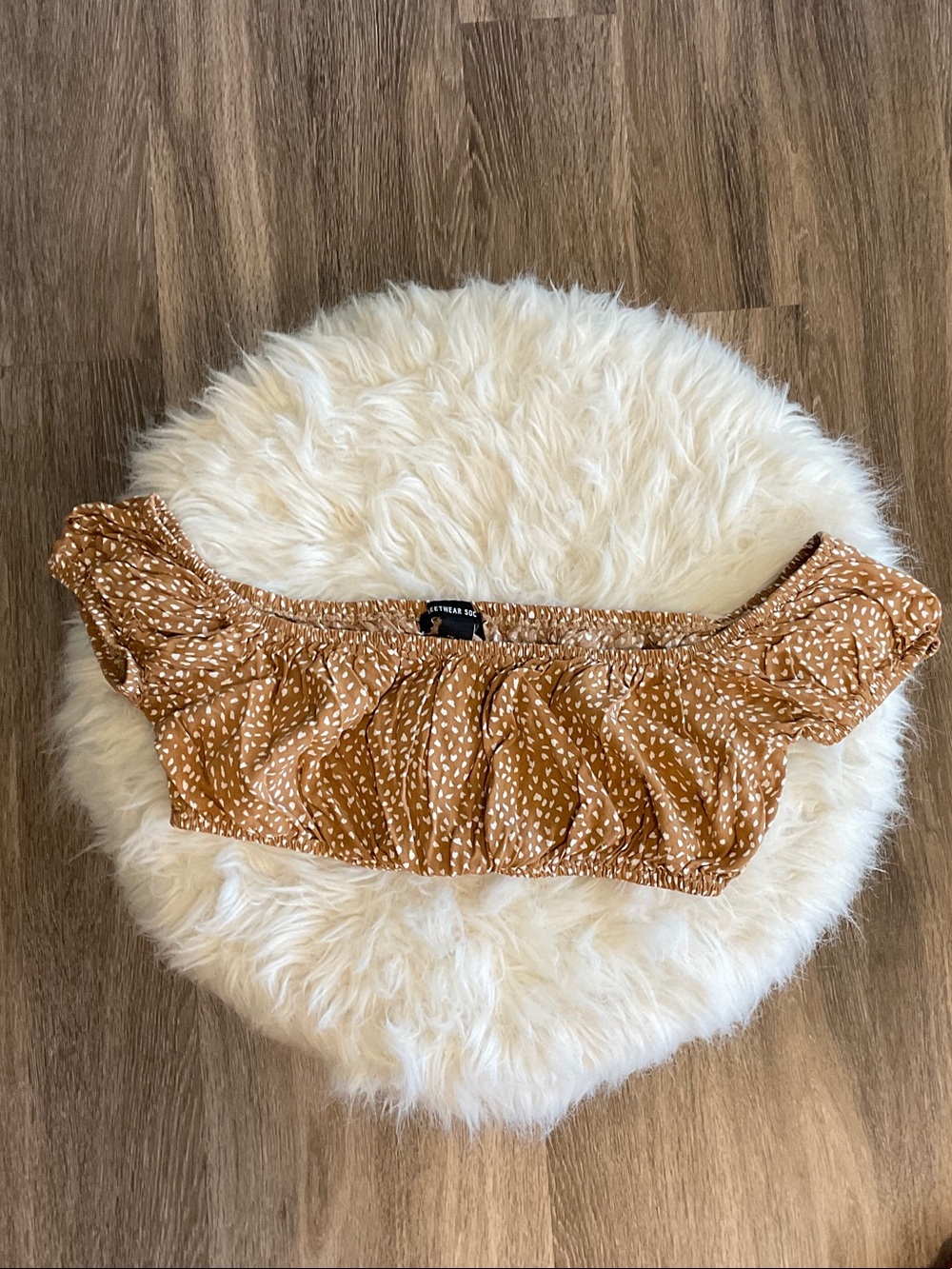 Off-the-Shoulder Crop Top in Mustard with White Dot Print